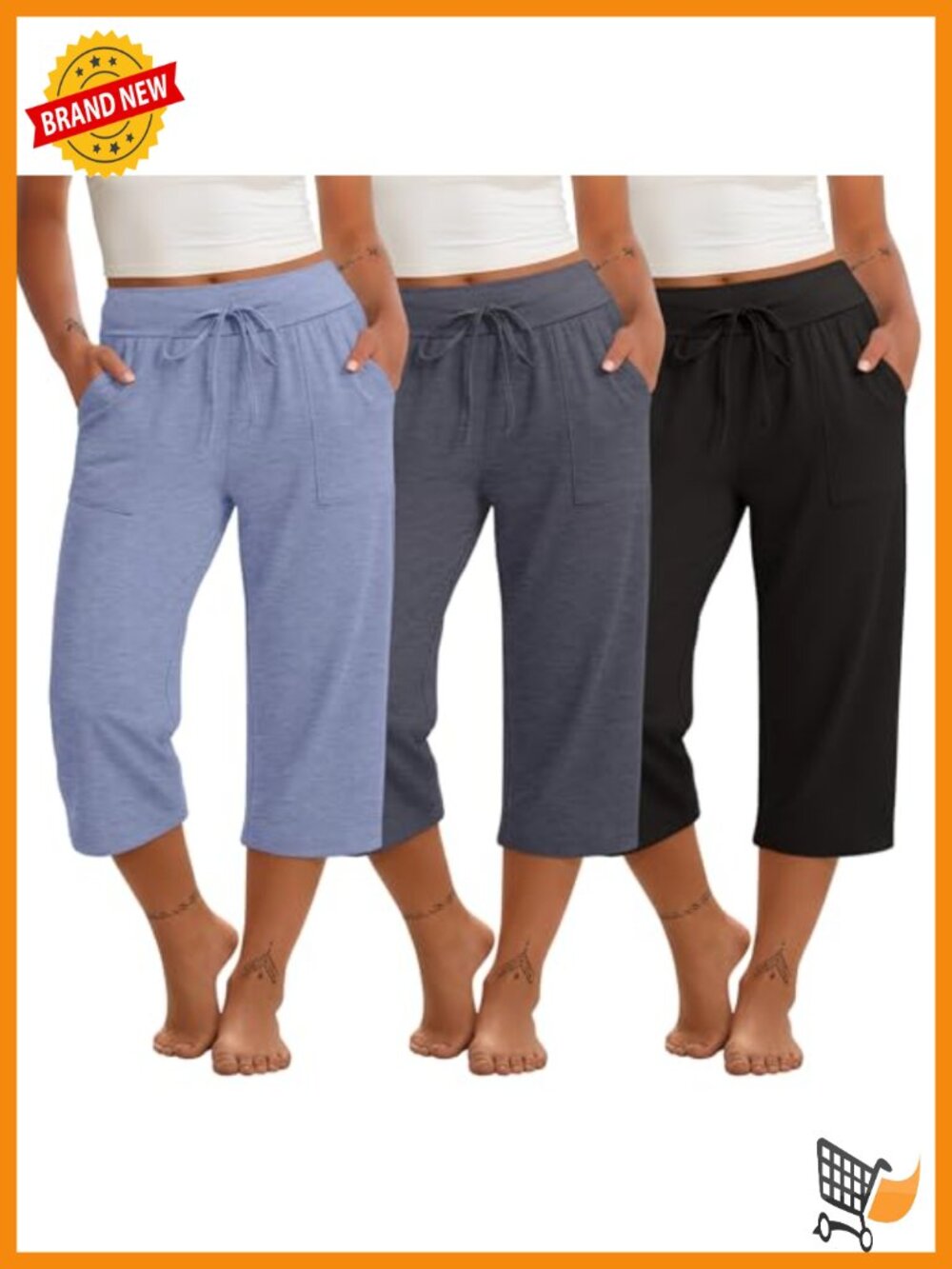 3 Pack Plus Size Capri Pants with Pockets, Drawstring Joggers
